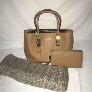 Calvin Klein: Tan Purse w/ Wallet & Scarf